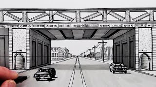 How to Draw using 1Point Perspective Road and Bridge [upl. by Joshuah]