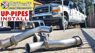 2001 F350 73  RiffRaff UpPipes Install  Stock up pipes leaking and falling apart JUNK SP [upl. by Gilmer]